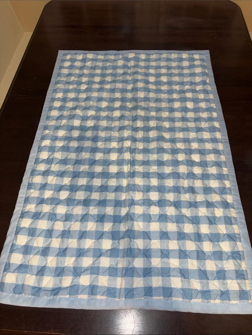 Vintage Embroidered Nursery Quilt with Pastel Animal Motifs - Blue Trim